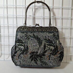 Vintage Small Tapestry Beaded Evening Purse Metal Top Handle, Crossbody Chain